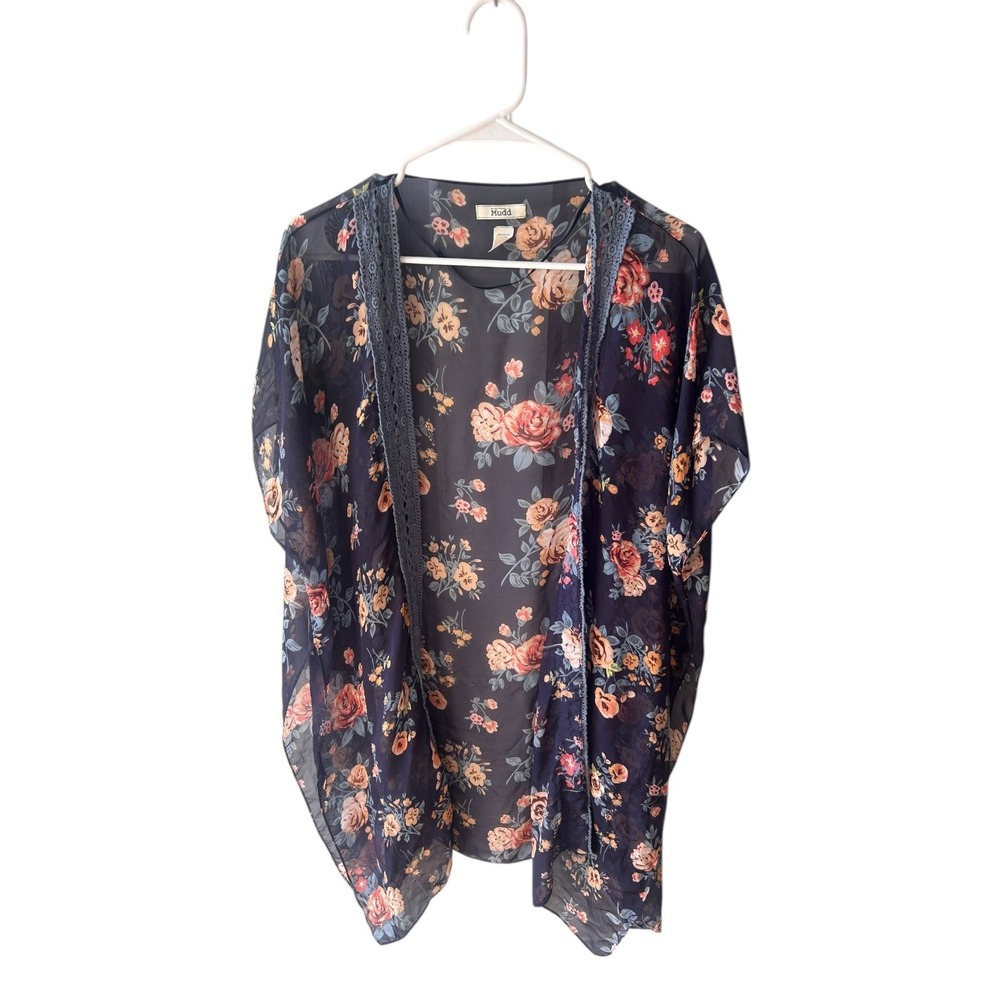 Mudd Women Floral Sheer Kimono‎ Cardigan Navy Blue Open One Size Lightweight